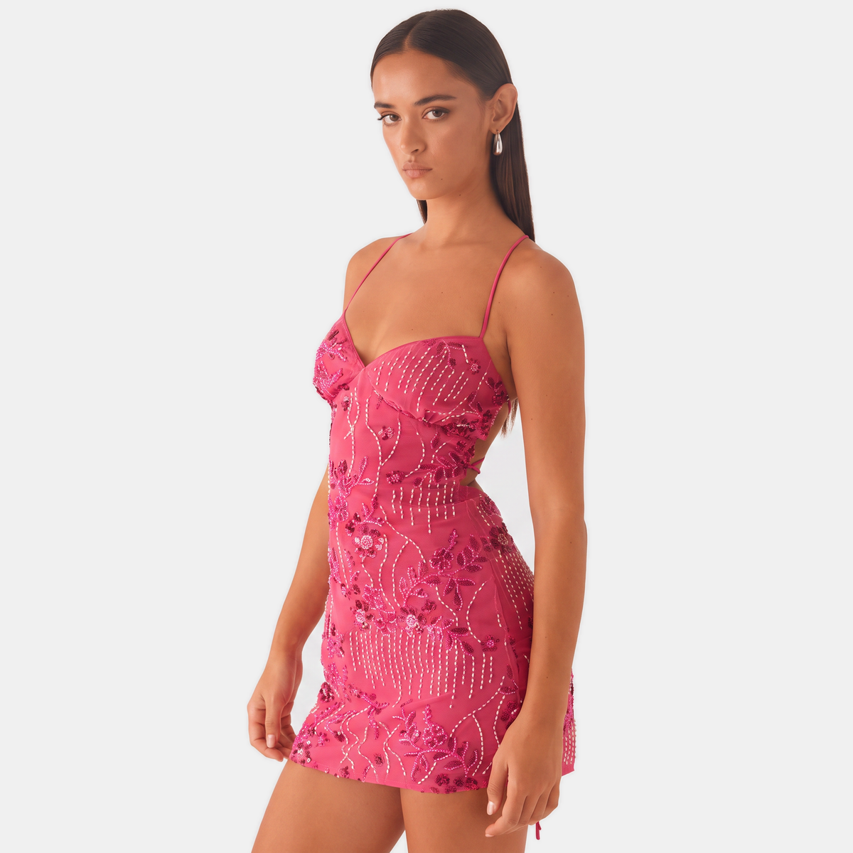 Isolde | Women's Beaded Floral Sequin Homecoming Dress with Open Back Spaghetti Straps
