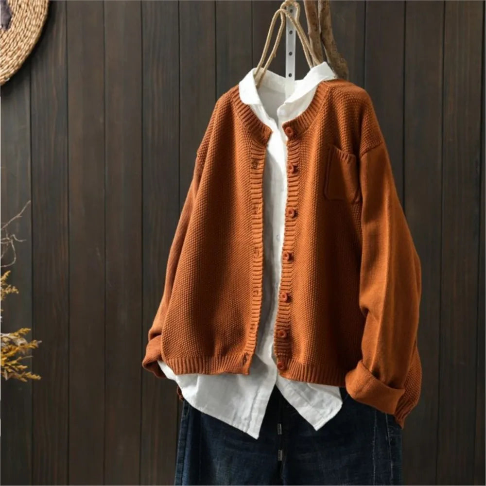 Delphine | Women's Garter Stitch Crew Neck Cardigan with Pocket