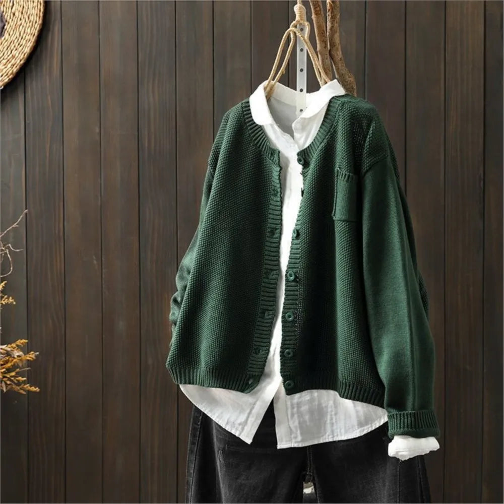 Delphine | Women's Garter Stitch Crew Neck Cardigan with Pocket