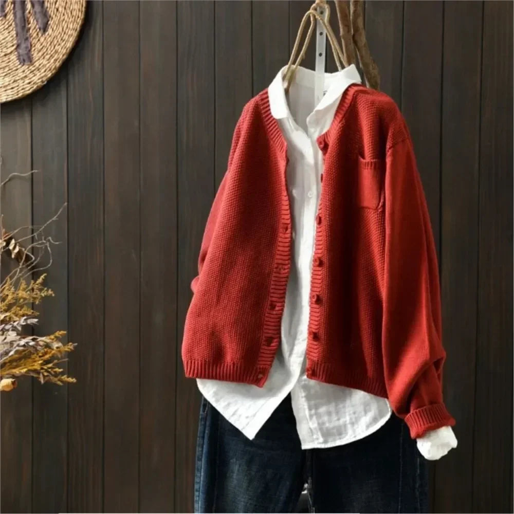Delphine | Women's Garter Stitch Crew Neck Cardigan with Pocket