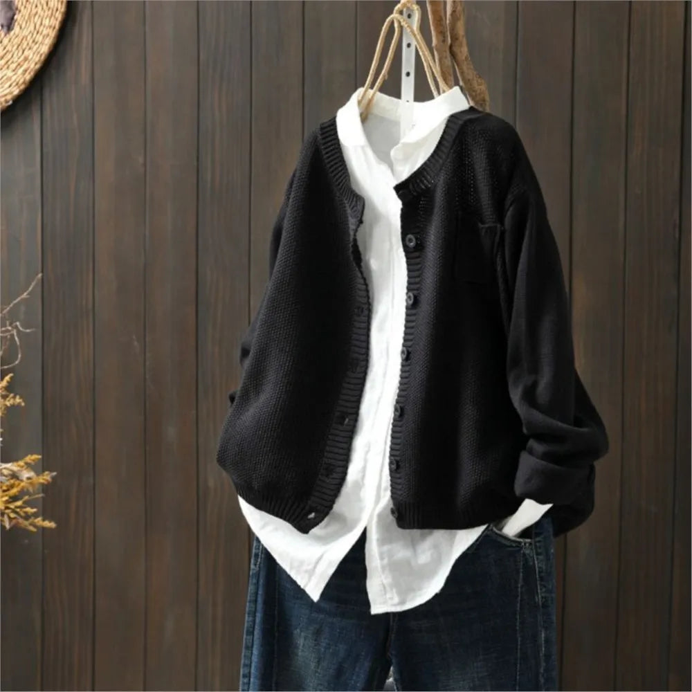 Delphine | Women's Garter Stitch Crew Neck Cardigan with Pocket