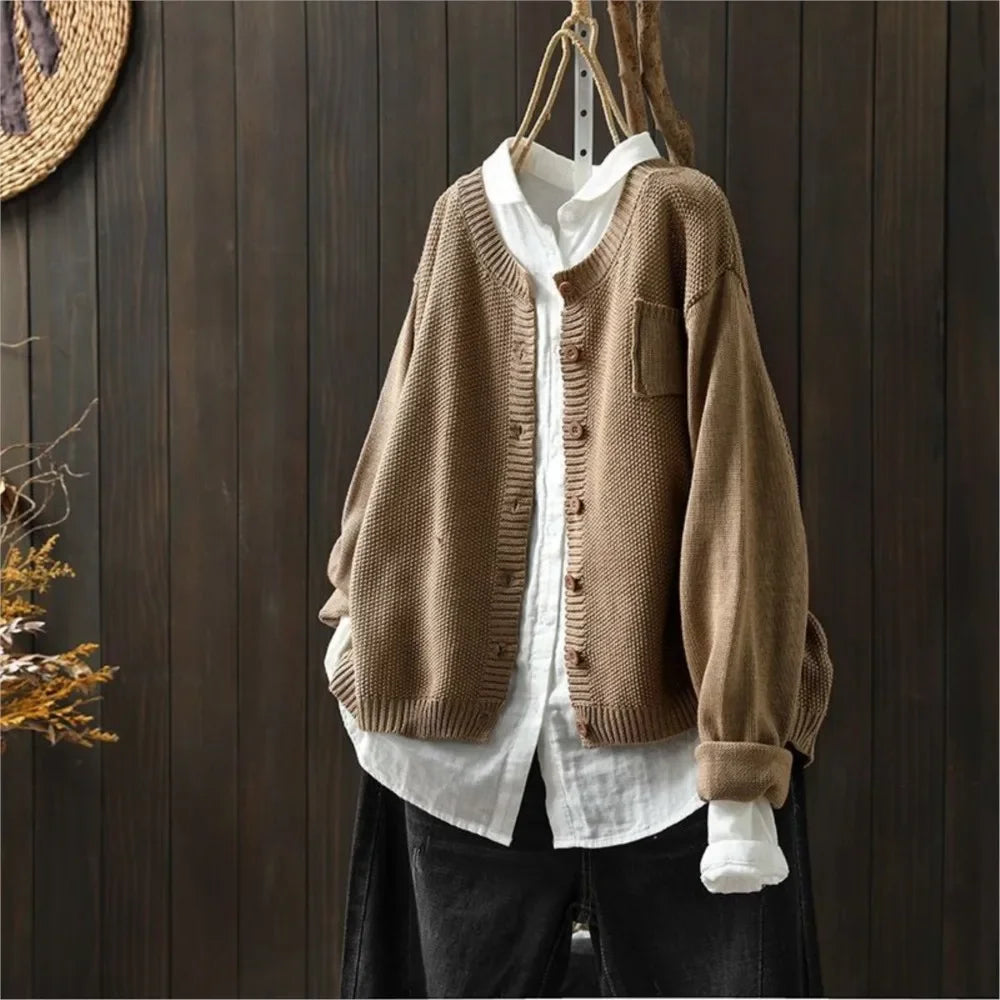Delphine | Women's Garter Stitch Crew Neck Cardigan with Pocket