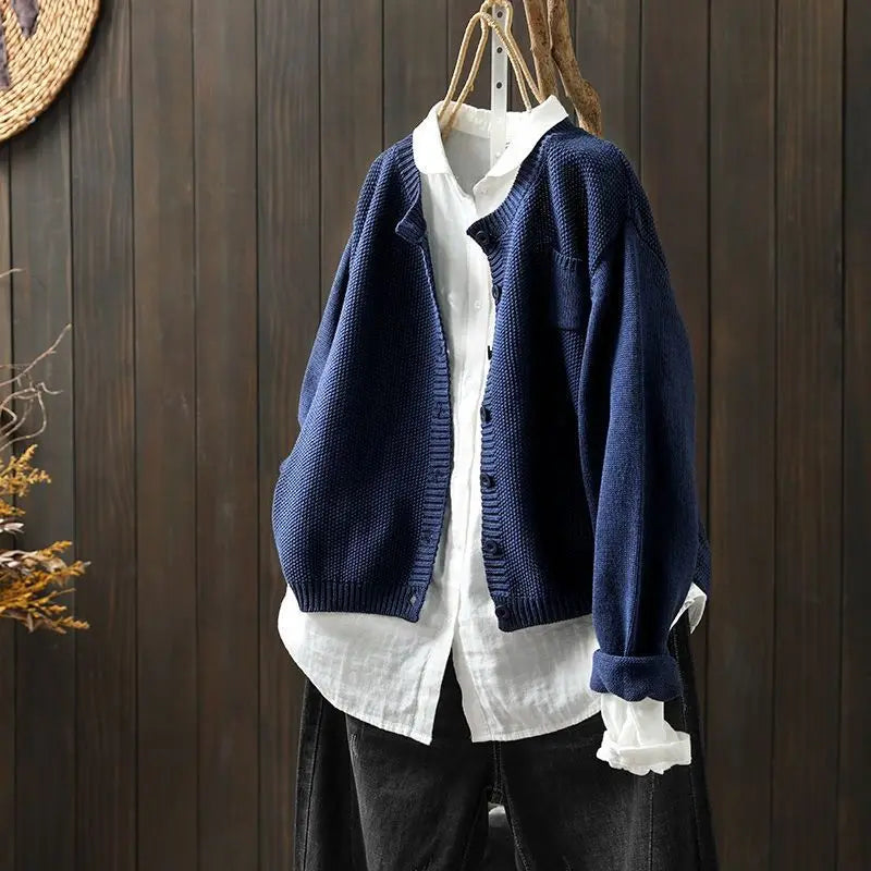 Delphine | Women's Garter Stitch Crew Neck Cardigan with Pocket