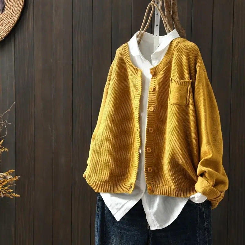 Delphine | Women's Garter Stitch Crew Neck Cardigan with Pocket
