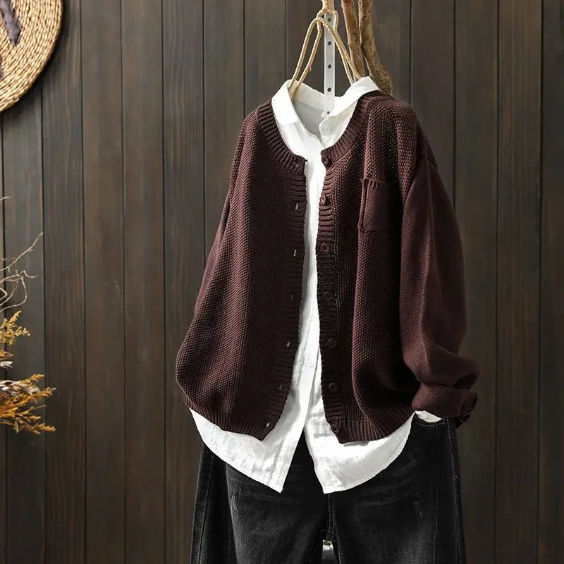 Delphine | Women's Garter Stitch Crew Neck Cardigan with Pocket