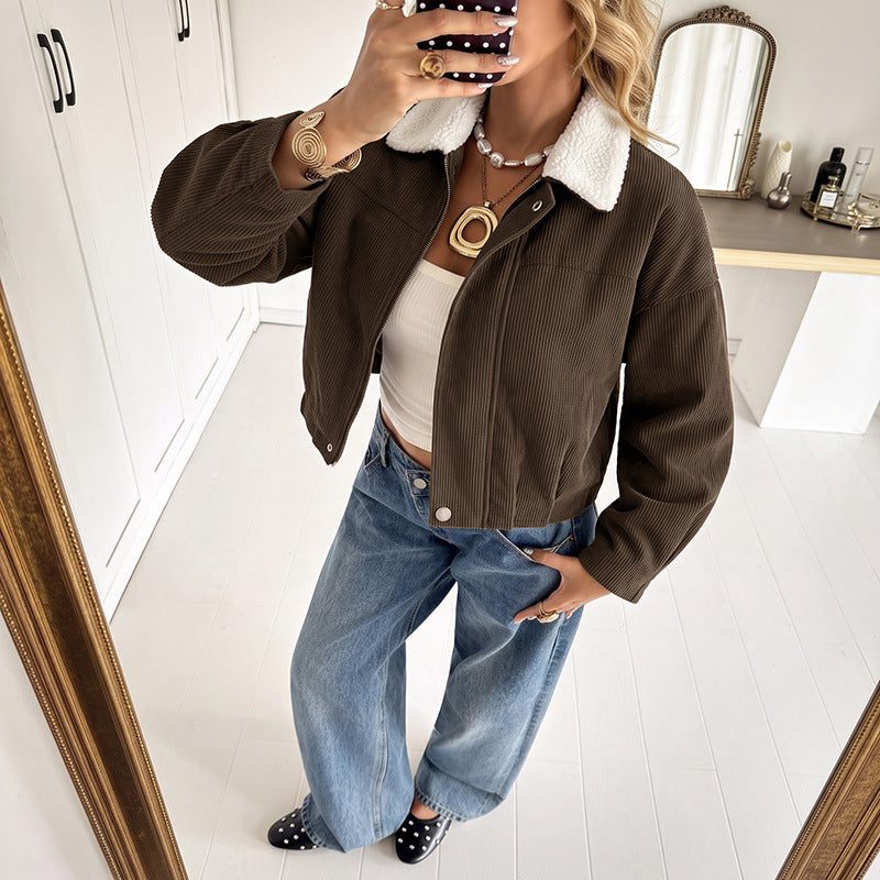 Tegan | Women's Cropped Corduroy Jacket with Fleece Collar