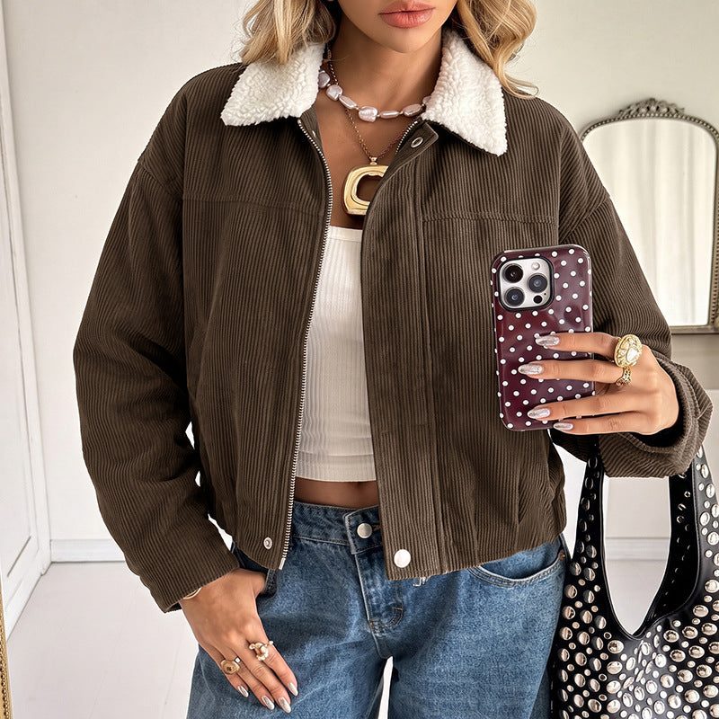 Tegan | Women's Cropped Corduroy Jacket with Fleece Collar