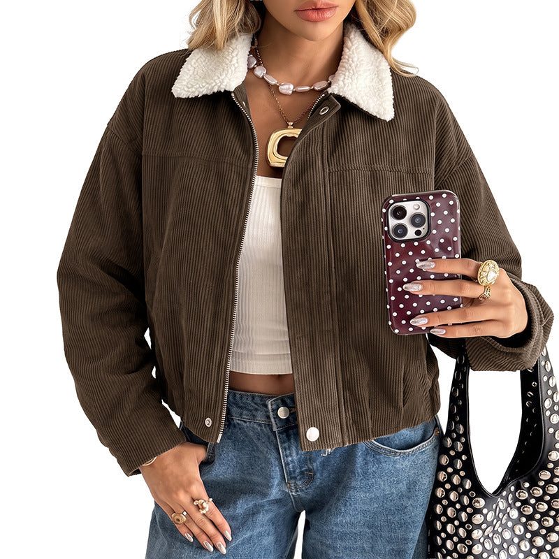 Tegan | Women's Cropped Corduroy Jacket with Fleece Collar