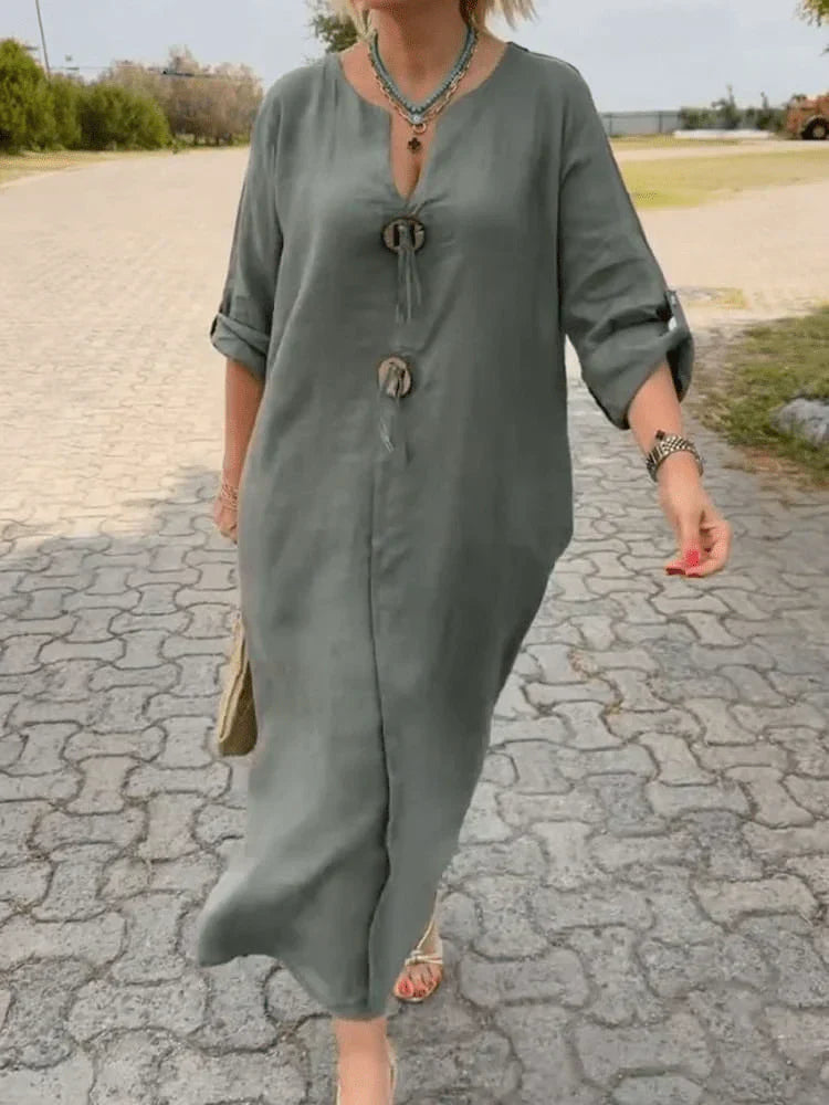 Linen Oversized V Neck Roll Sleeve Casual Maxi Dress