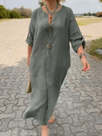 Linen Oversized V Neck Roll Sleeve Casual Maxi Dress