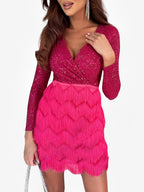 Sequin Fringe Wrap Long Sleeve Mini Homecoming Dress