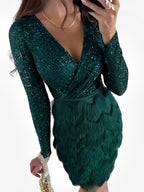 Sequin Fringe Wrap Long Sleeve Mini Homecoming Dress