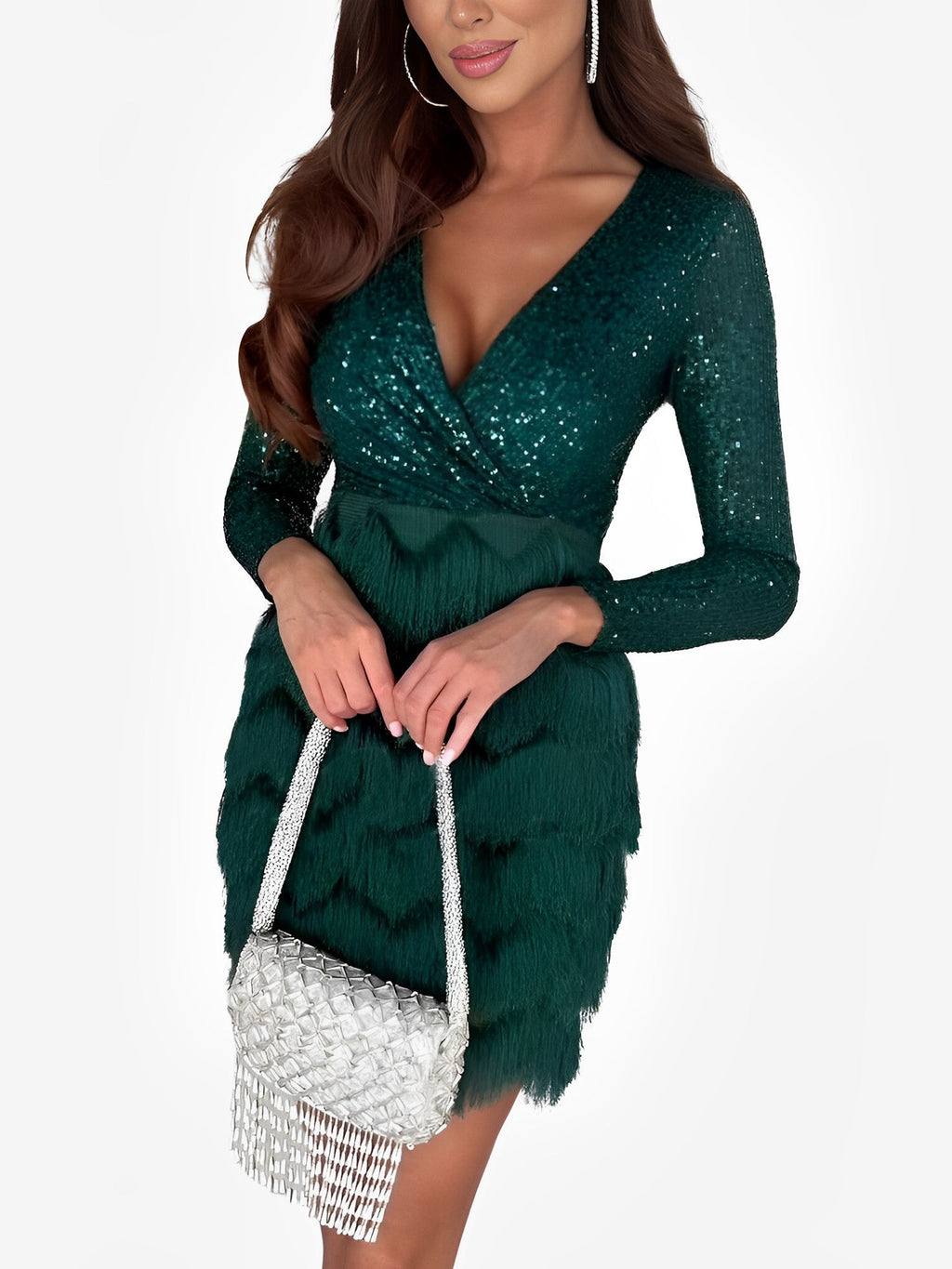 Sequin Fringe Wrap Long Sleeve Mini Homecoming Dress