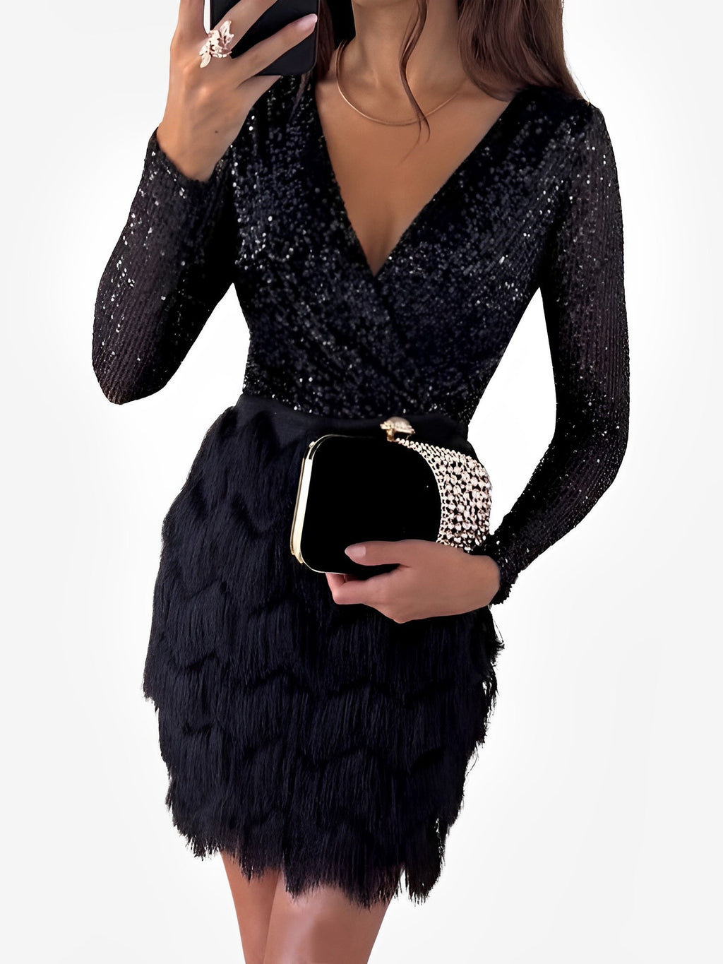 Sequin Fringe Wrap Long Sleeve Mini Homecoming Dress