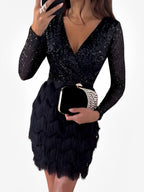 Sequin Fringe Wrap Long Sleeve Mini Homecoming Dress