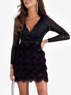 Sequin Fringe Wrap Long Sleeve Mini Homecoming Dress