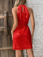 Mock Neck Sequin Bow Belt Homecoming Mini Dress