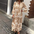 Baroque Print Lantern Sleeve Button Down Boho Maxi Dress