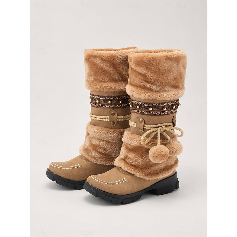 Cataleya | Women's Fur-Cuff Mid-Calf Boots with Boho Beaded Strap