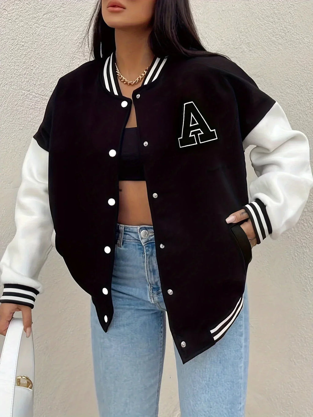 Helene | Women's Varsity Letterman Jacket with Contrast Sleeves
