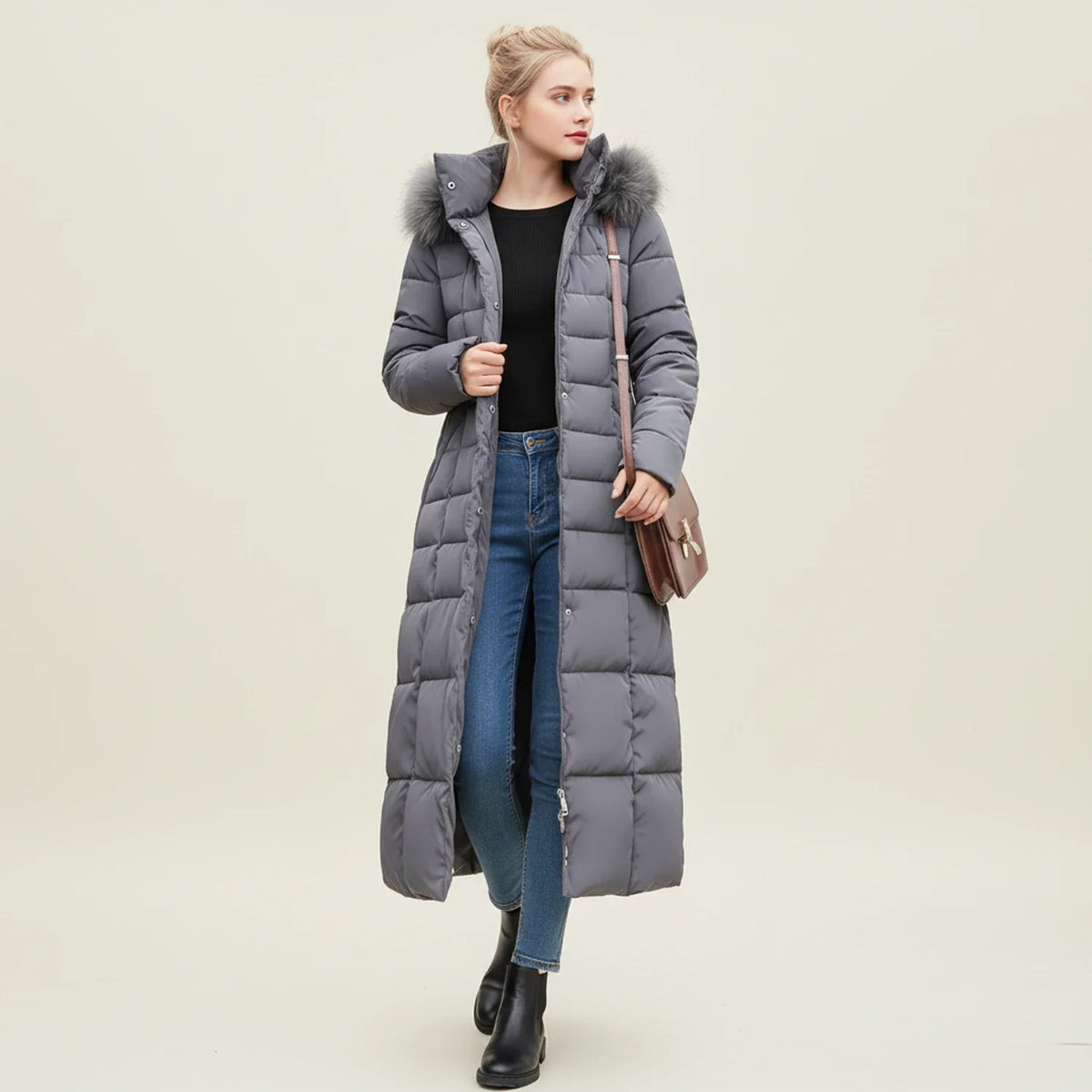 Linnea | Women's Long Hooded Quilted Puffer Coat with Belted Waist