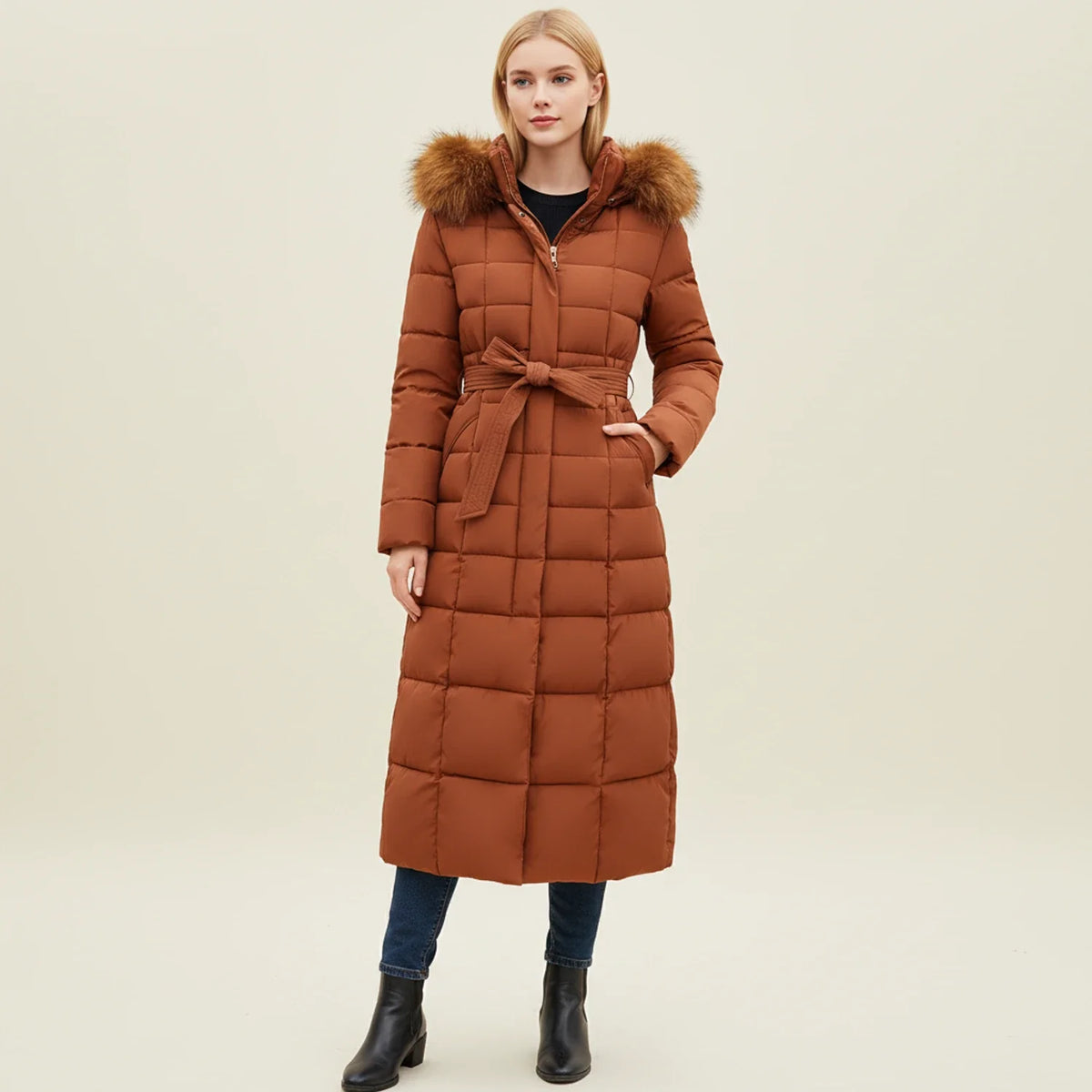 Linnea | Women's Long Hooded Quilted Puffer Coat with Belted Waist