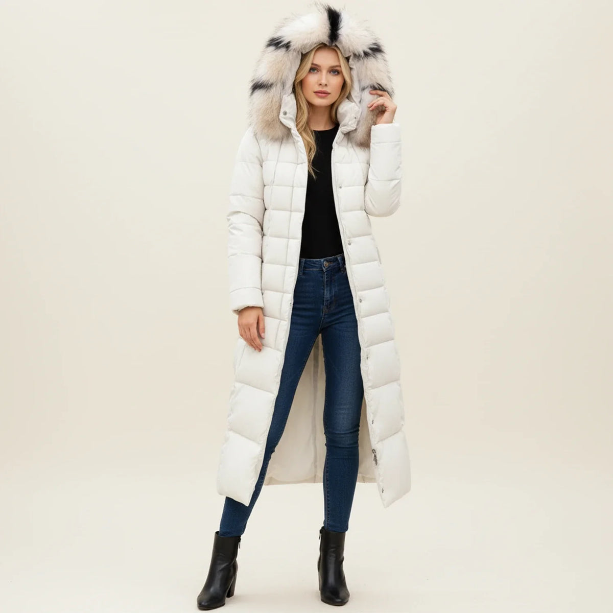 Linnea | Women's Long Hooded Quilted Puffer Coat with Belted Waist