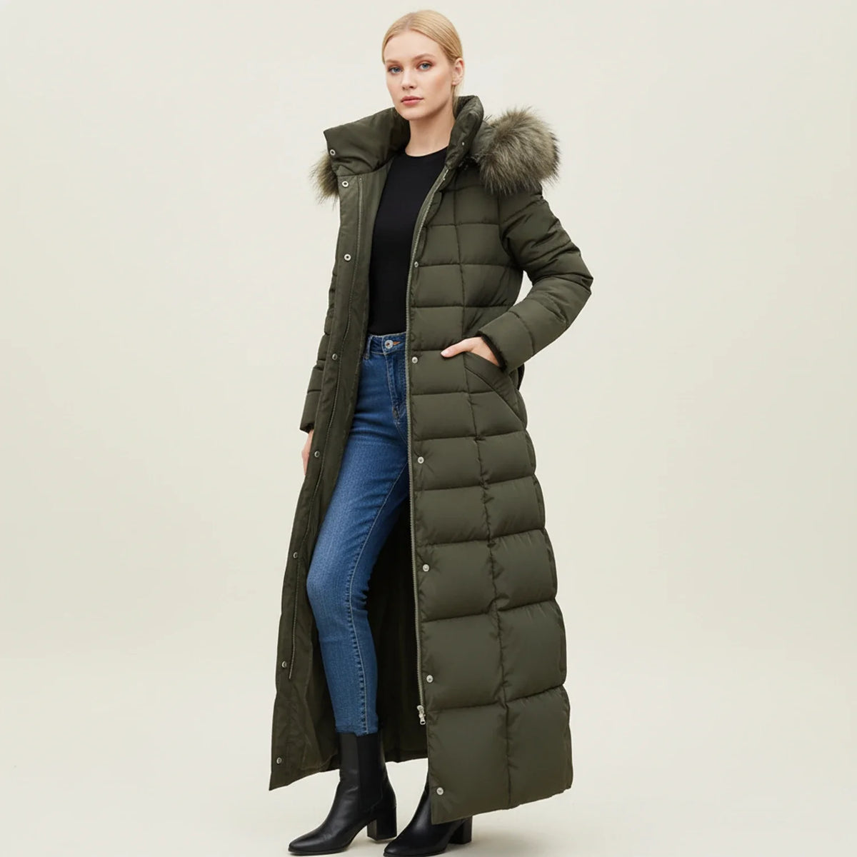Linnea | Women's Long Hooded Quilted Puffer Coat with Belted Waist