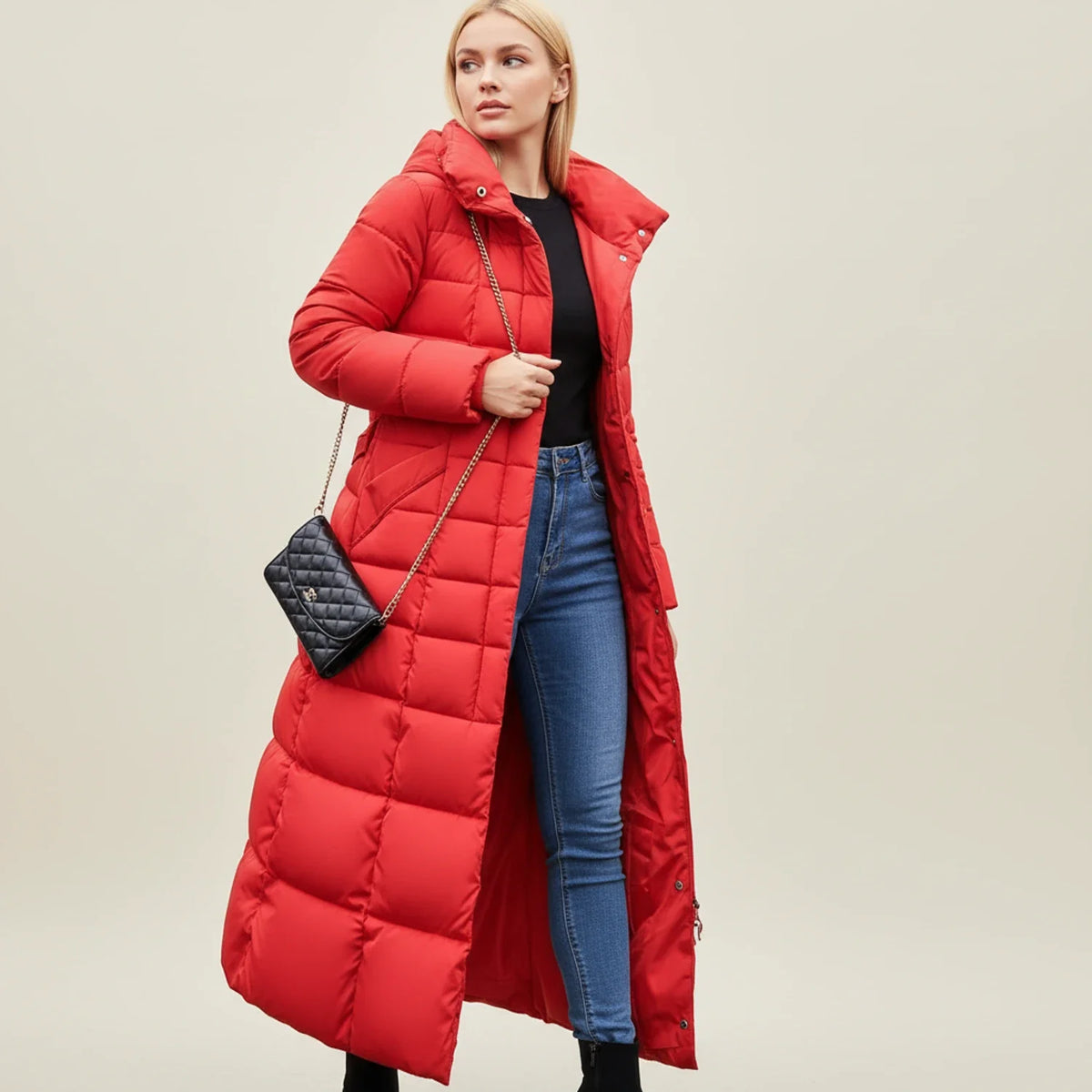 Linnea | Women's Long Hooded Quilted Puffer Coat with Belted Waist