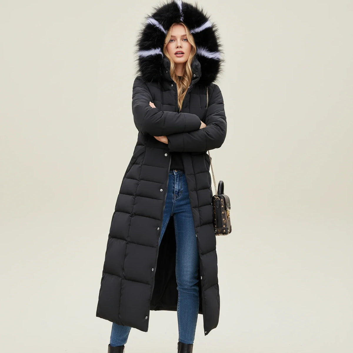 Linnea | Women's Long Hooded Quilted Puffer Coat with Belted Waist