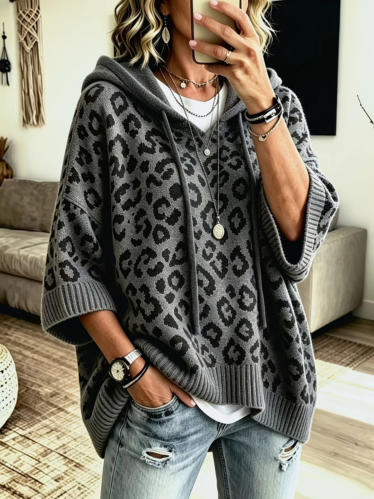 Verity | Women's Oversized Leopard Print Poncho Sweater