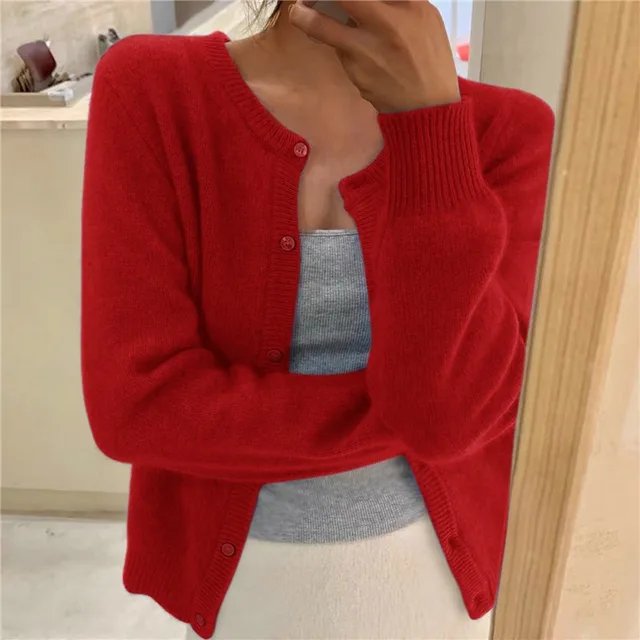 Priya | Women's Cropped Cashmere Cardigan with Crew Neck
