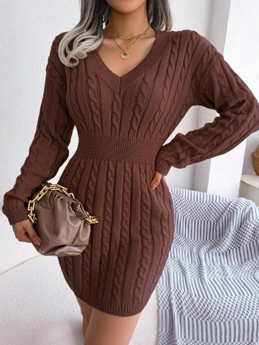Adelyn | Women’s V Neck Cable Knit Sweater Dress