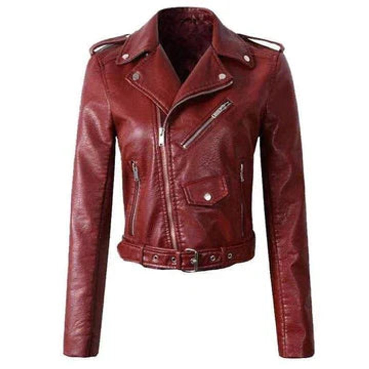 Ophelia | Women's Cropped Belted Biker Jacket in Faux Leather