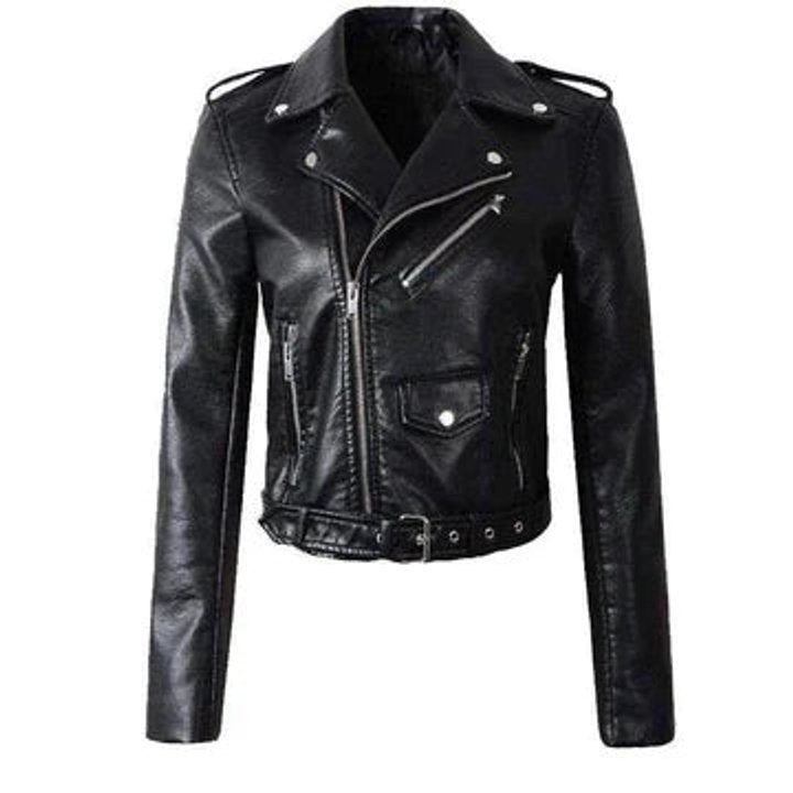 Ophelia | Women's Cropped Belted Biker Jacket in Faux Leather