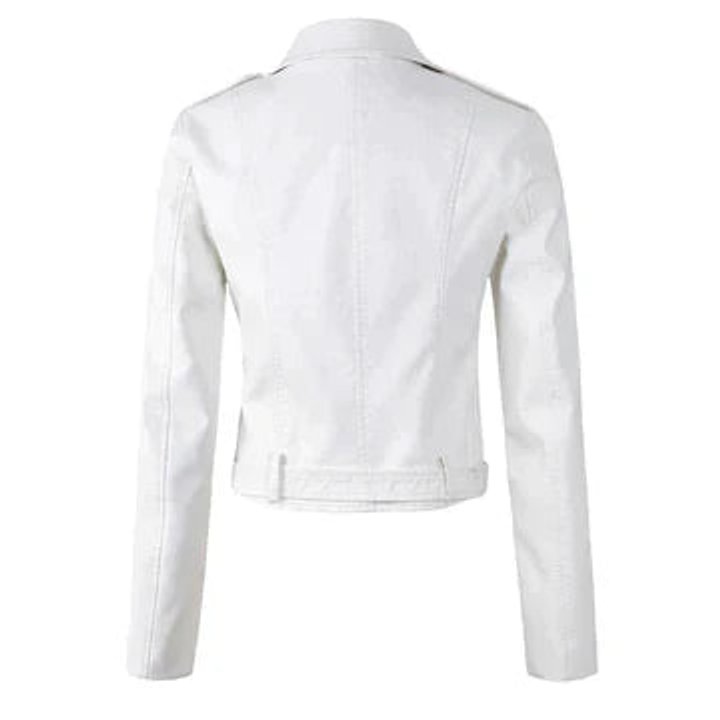 Ophelia | Women's Cropped Belted Biker Jacket in Faux Leather