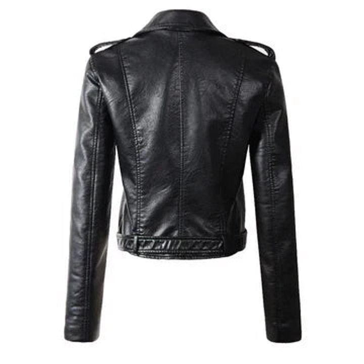 Ophelia | Women's Cropped Belted Biker Jacket in Faux Leather