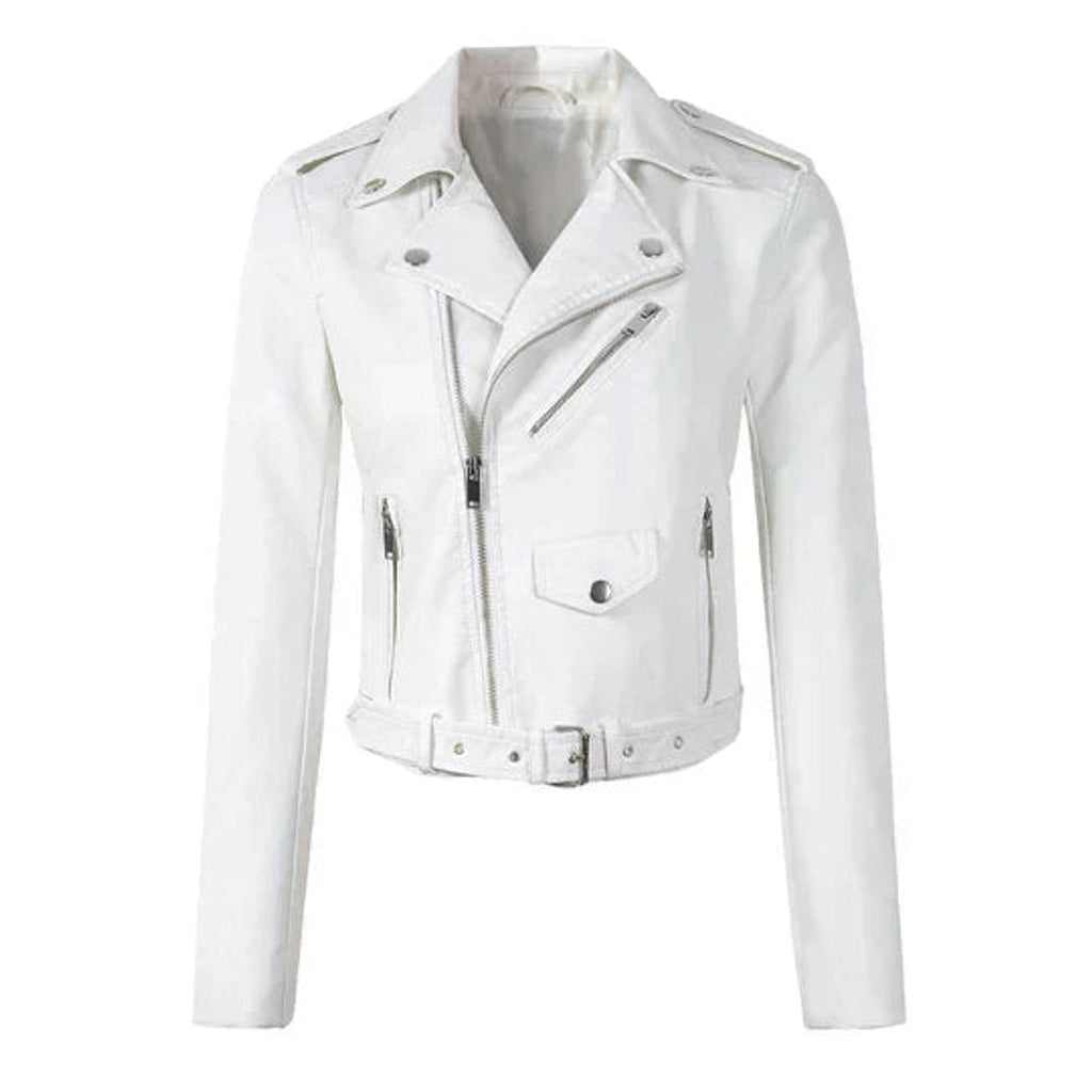Ophelia | Women's Cropped Belted Biker Jacket in Faux Leather