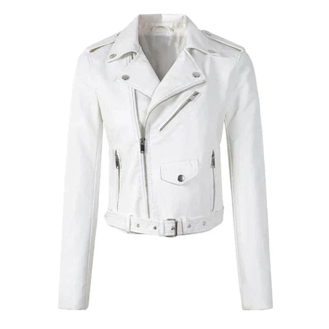 Ophelia | Women's Cropped Belted Biker Jacket in Faux Leather