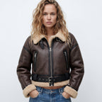 Rosalind | Women's Belted Aviator Jacket with Shearling Collar and Cuffs