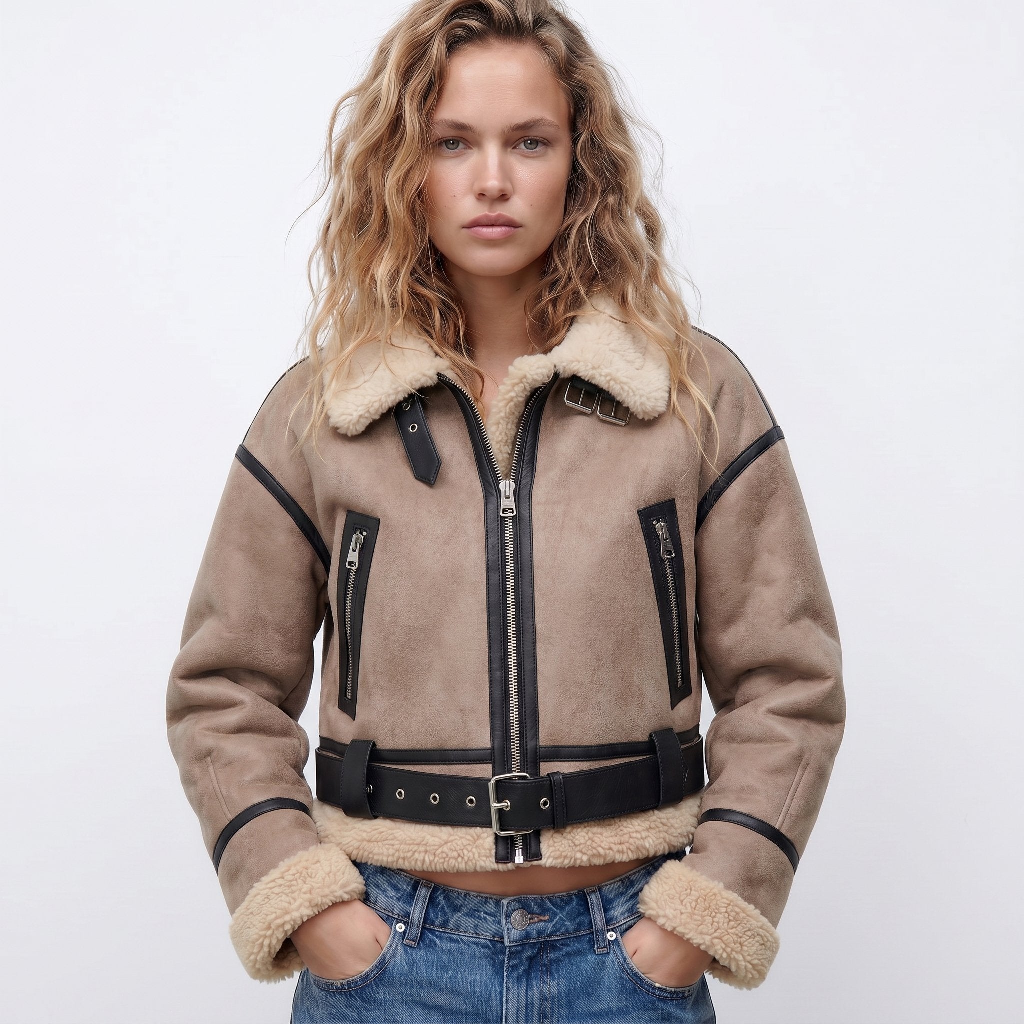 Rosalind | Women's Belted Aviator Jacket with Shearling Collar and Cuffs