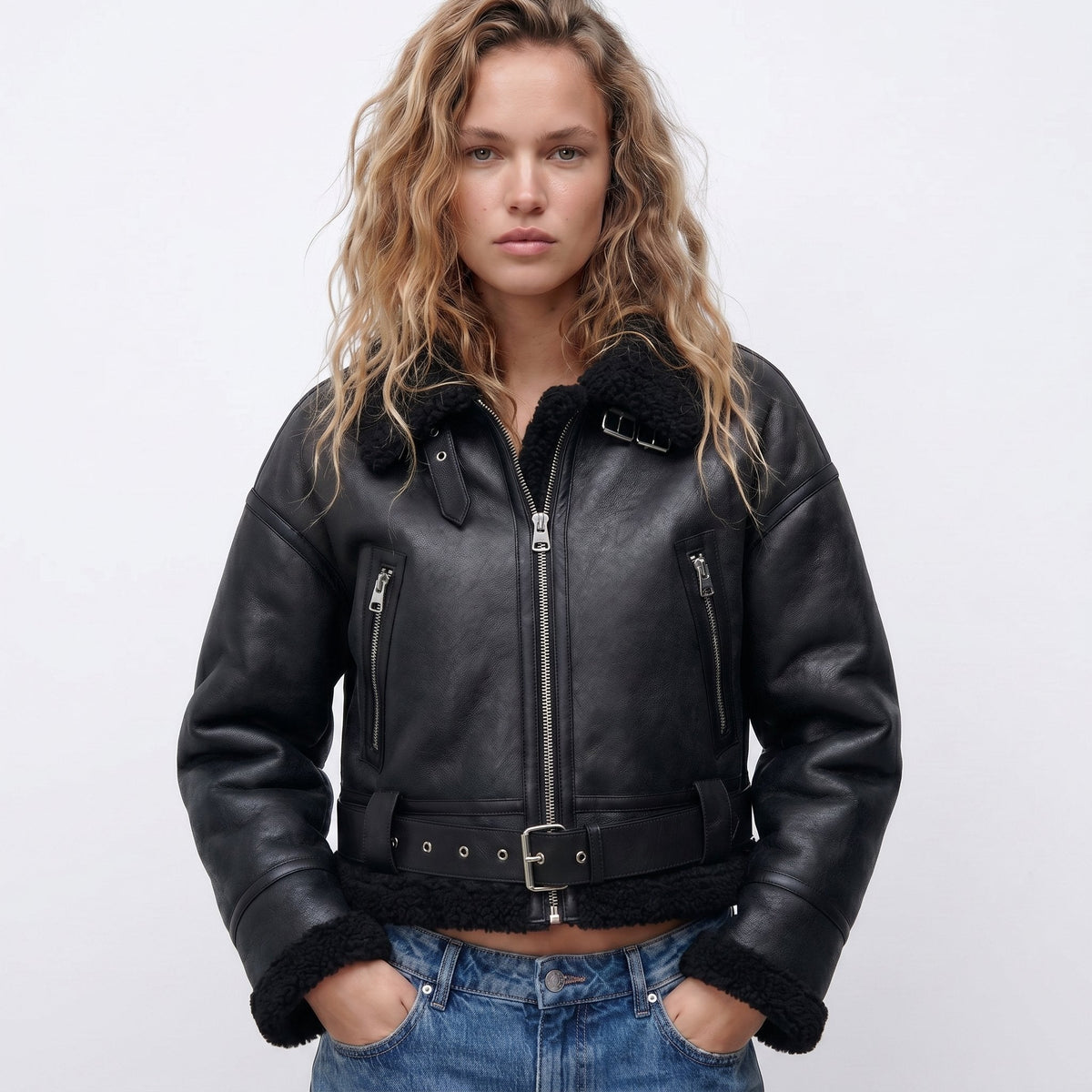 Rosalind | Women's Belted Aviator Jacket with Shearling Collar and Cuffs