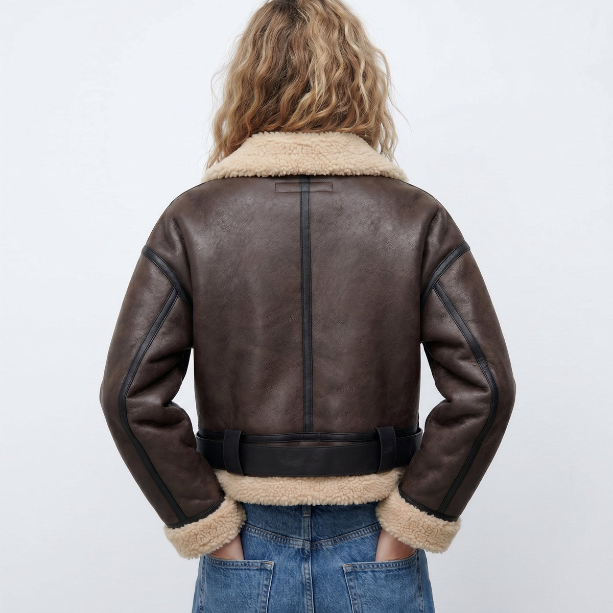 Rosalind | Women's Belted Aviator Jacket with Shearling Collar and Cuffs