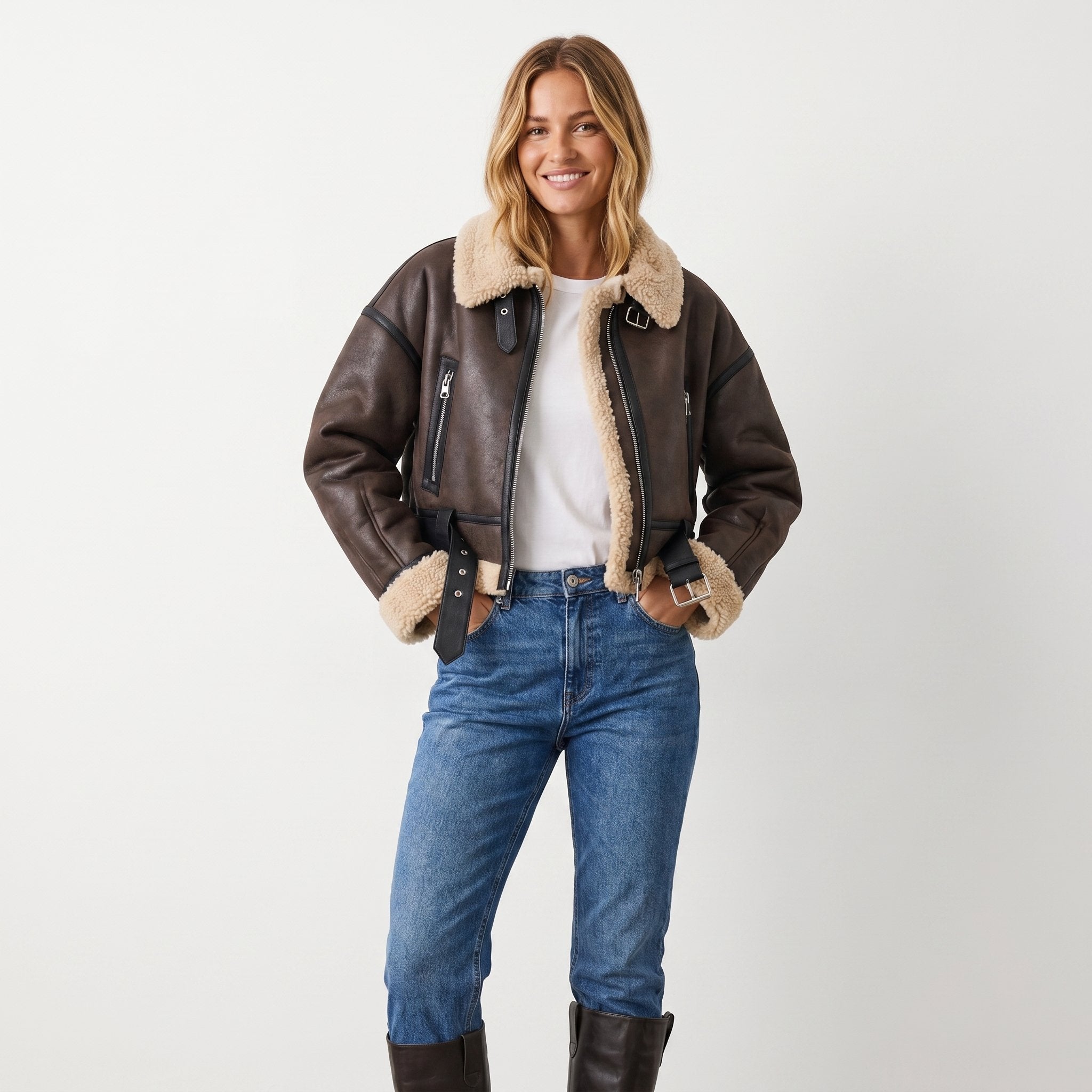 Rosalind | Women's Belted Aviator Jacket with Shearling Collar and Cuffs