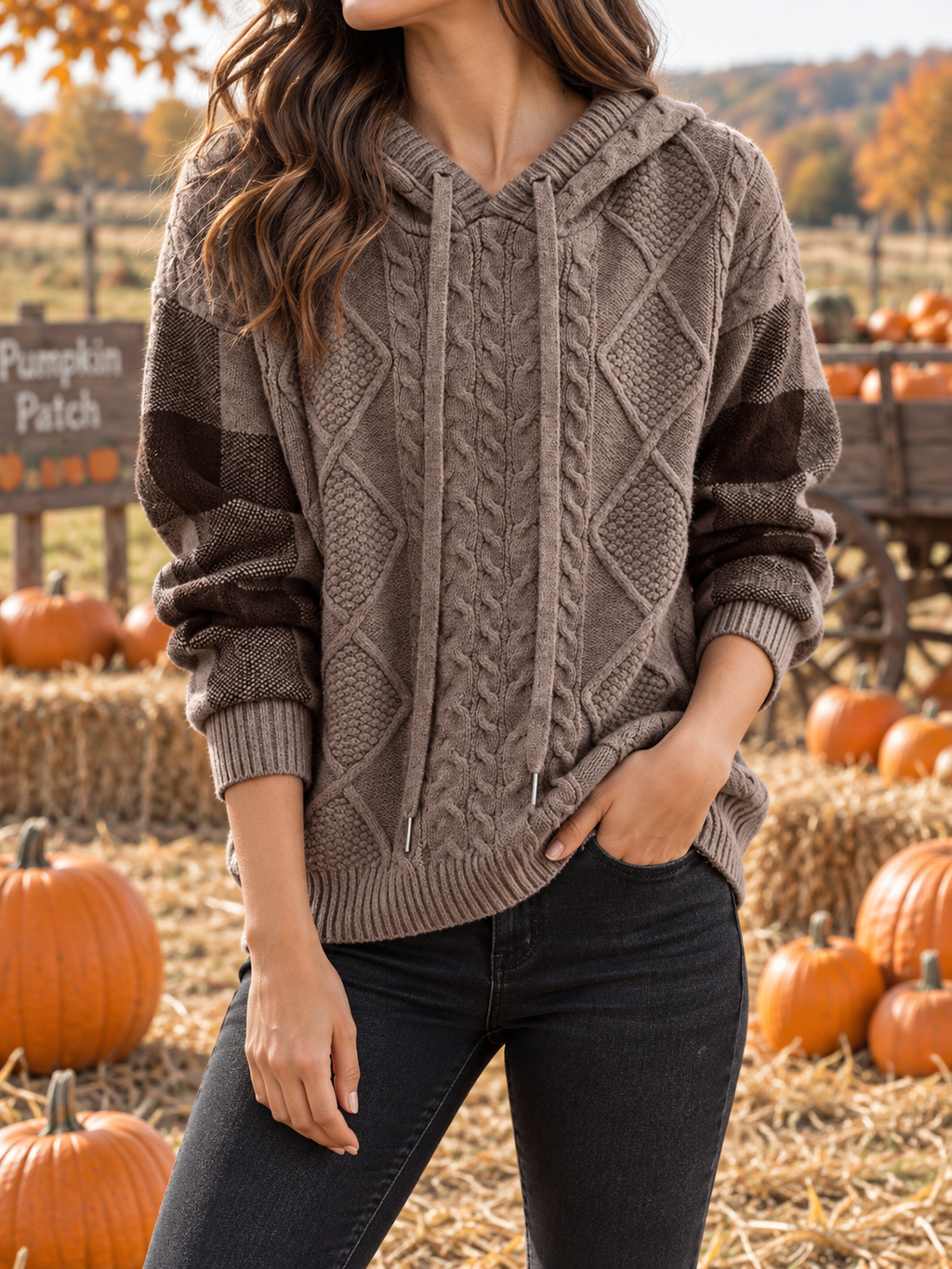 Margot | Women's Hooded Cable Knit Sweater with Color Block Sleeves