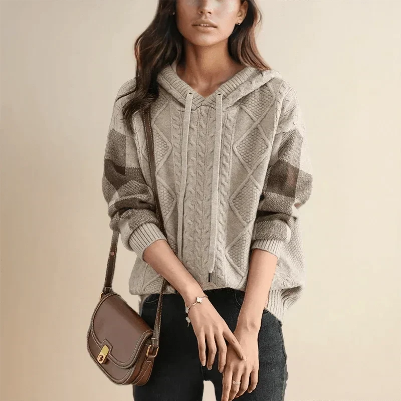 Margot | Women's Hooded Cable Knit Sweater with Color Block Sleeves