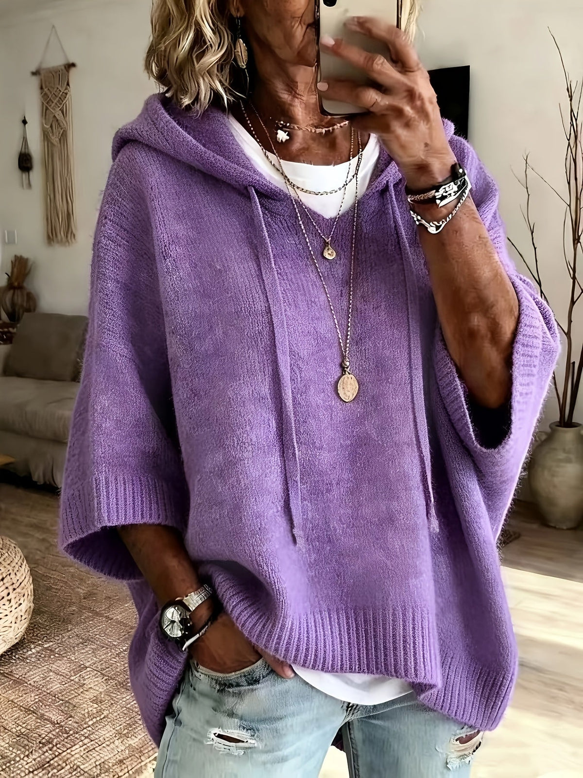 Imogen | Women's Oversized Poncho Hoodie Sweater with Batwing Sleeves