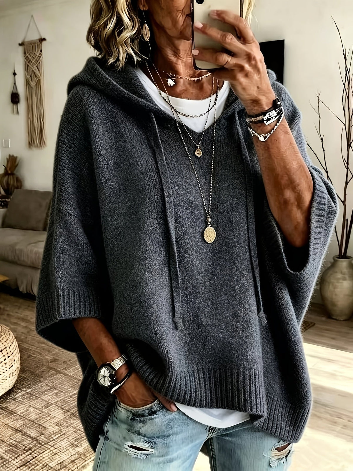 Imogen | Women's Oversized Poncho Hoodie Sweater with Batwing Sleeves