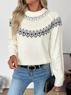 Elowen | Women's Cable Knit Fair Isle Sweater with Crew Neckline