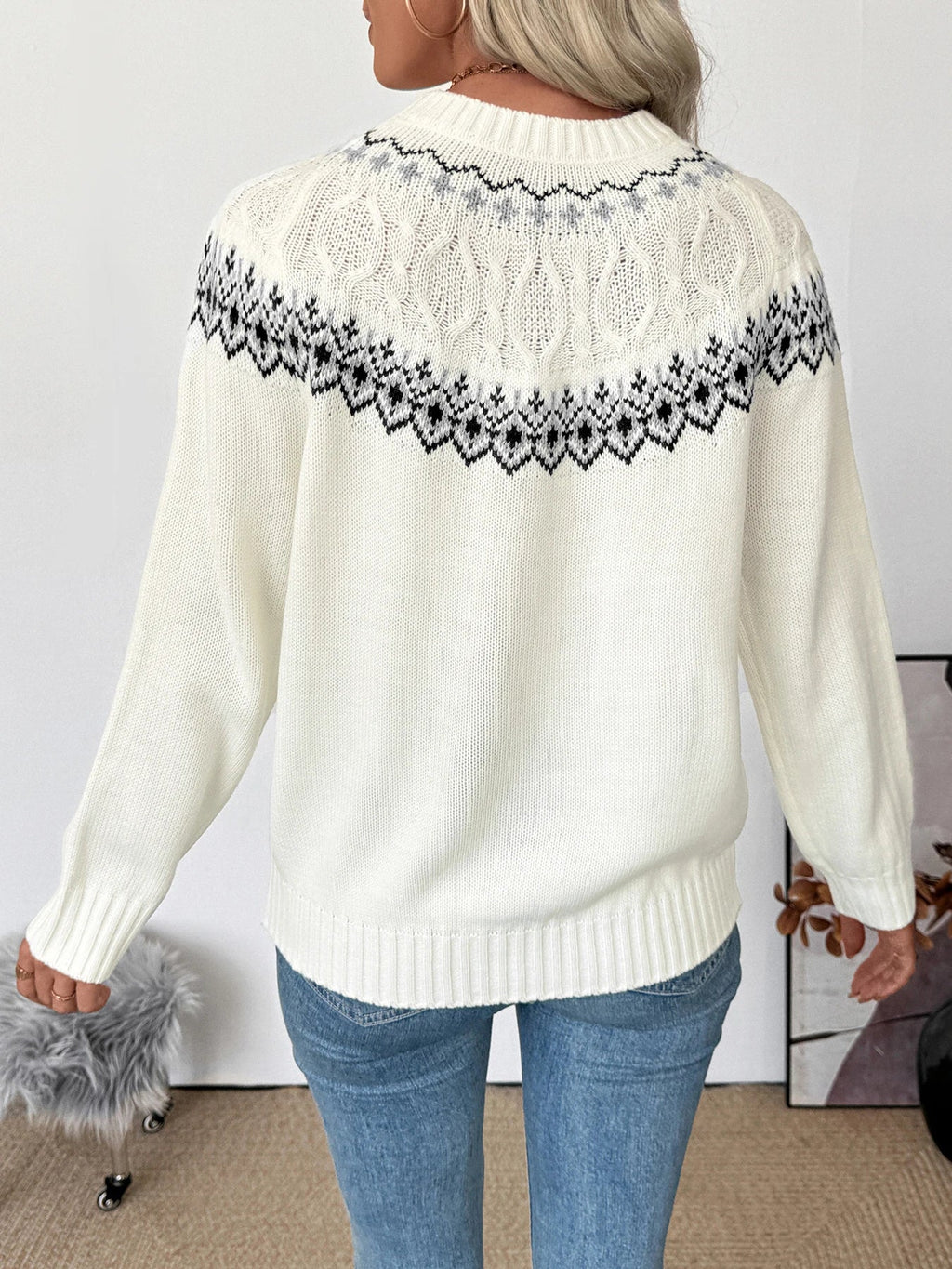 Elowen | Women's Cable Knit Fair Isle Sweater with Crew Neckline